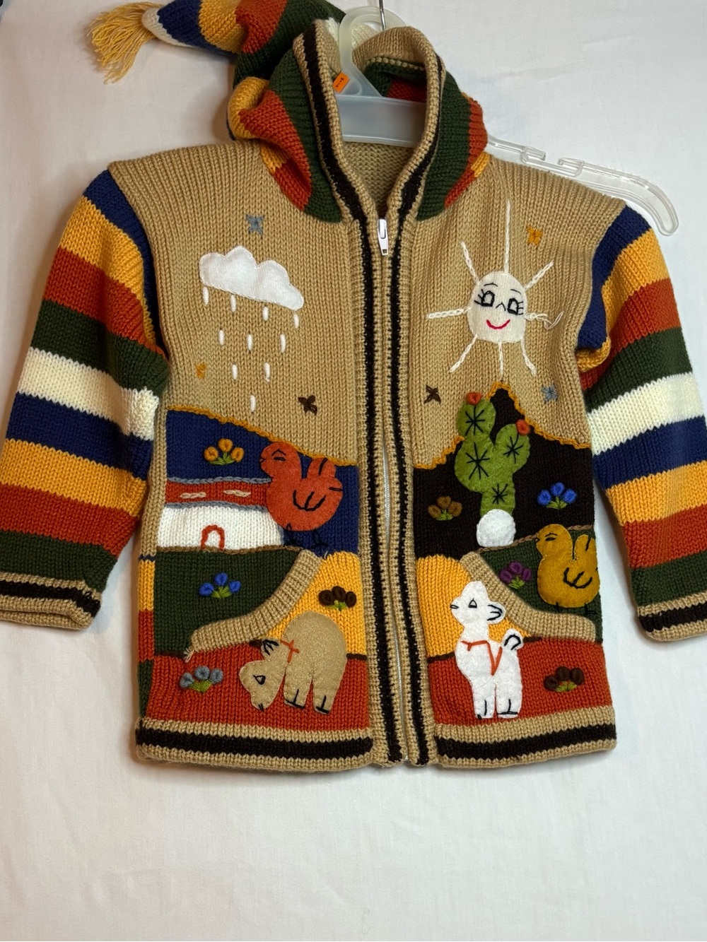 Cottagecore Kids handmade Knit Zip Hoodie w/beanie tassel Animal Motif Sweater